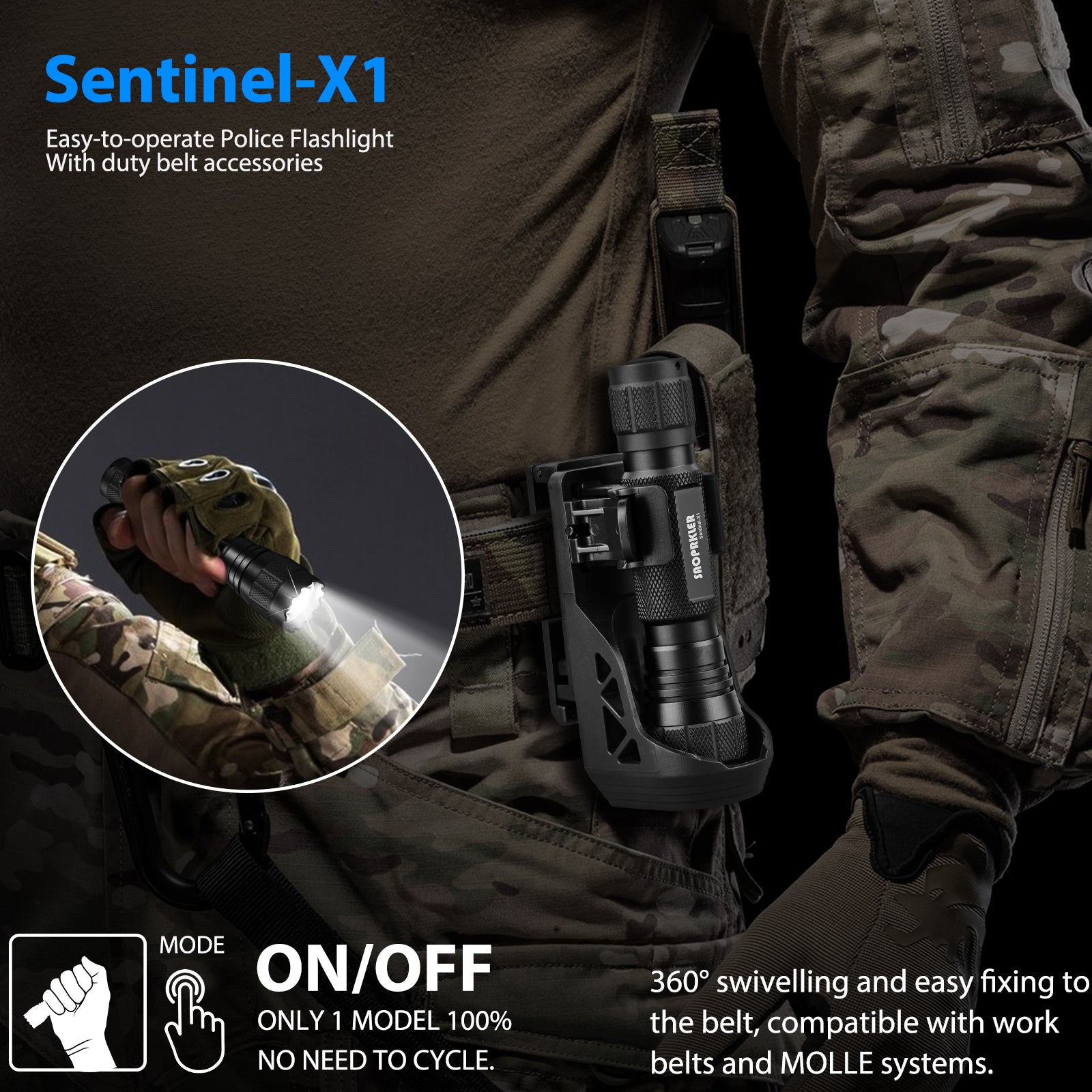 SAOPRKLER Sentinel-X1 Tactical Flashlight 1200 High Lumen Duty Belt Flashlight